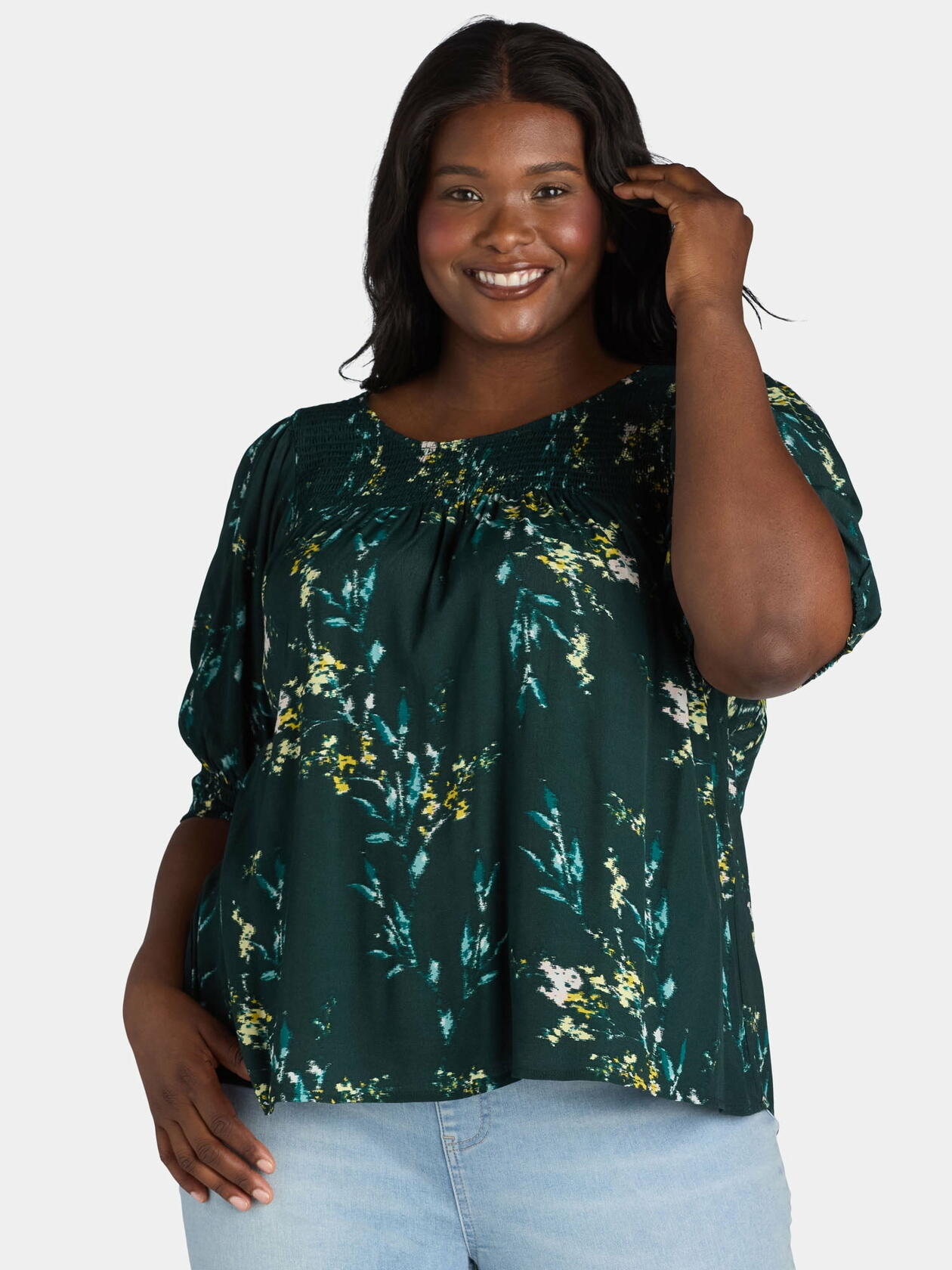 Terra & Sky Womens Plus Smocked Blouse Dreamy bouquet/Forest Clover  Size 1x