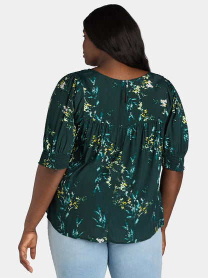 Terra & Sky Womens Plus Smocked Blouse Dreamy bouquet/Forest Clover  Size 1x