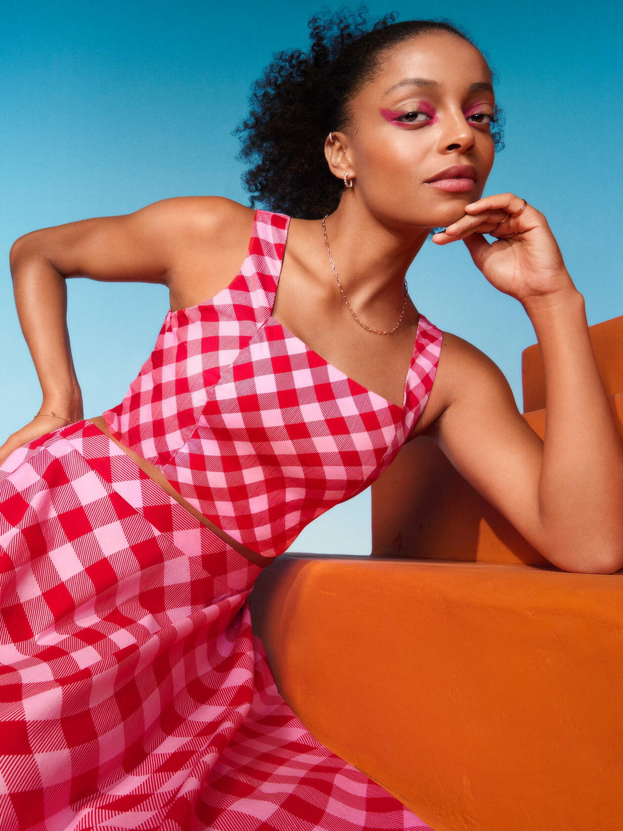 Scoop Womens Square Neck Fitted Poplin Crop Top Salsa Small Wavy Gingham Size L