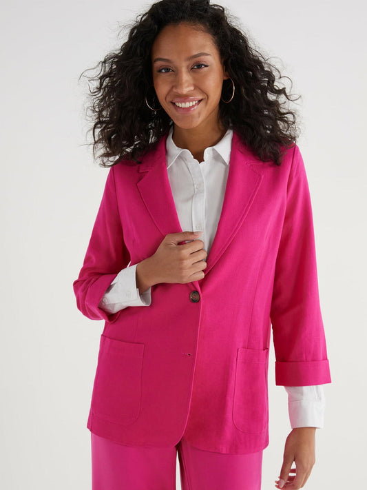 Time and Tru Womens Linen-Blend Button Front Blazer with Patch Pockets Smokin