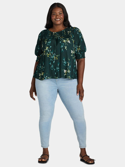 Terra & Sky Womens Plus Smocked Blouse Dreamy bouquet/Forest Clover  Size 1x