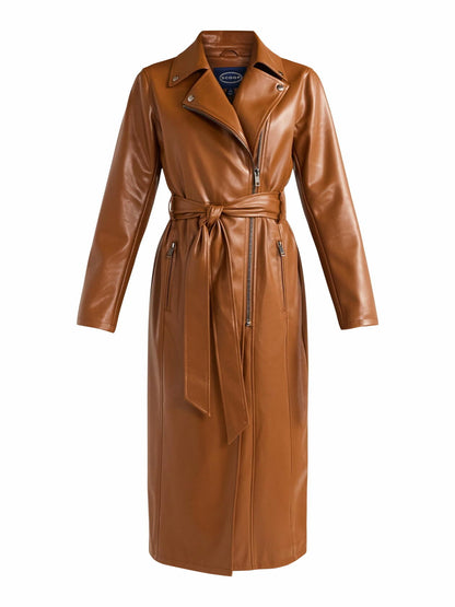Scoop Womens Faux Leather Moto Trench Coat Zip Self-Tie Sorrel Horse Size L