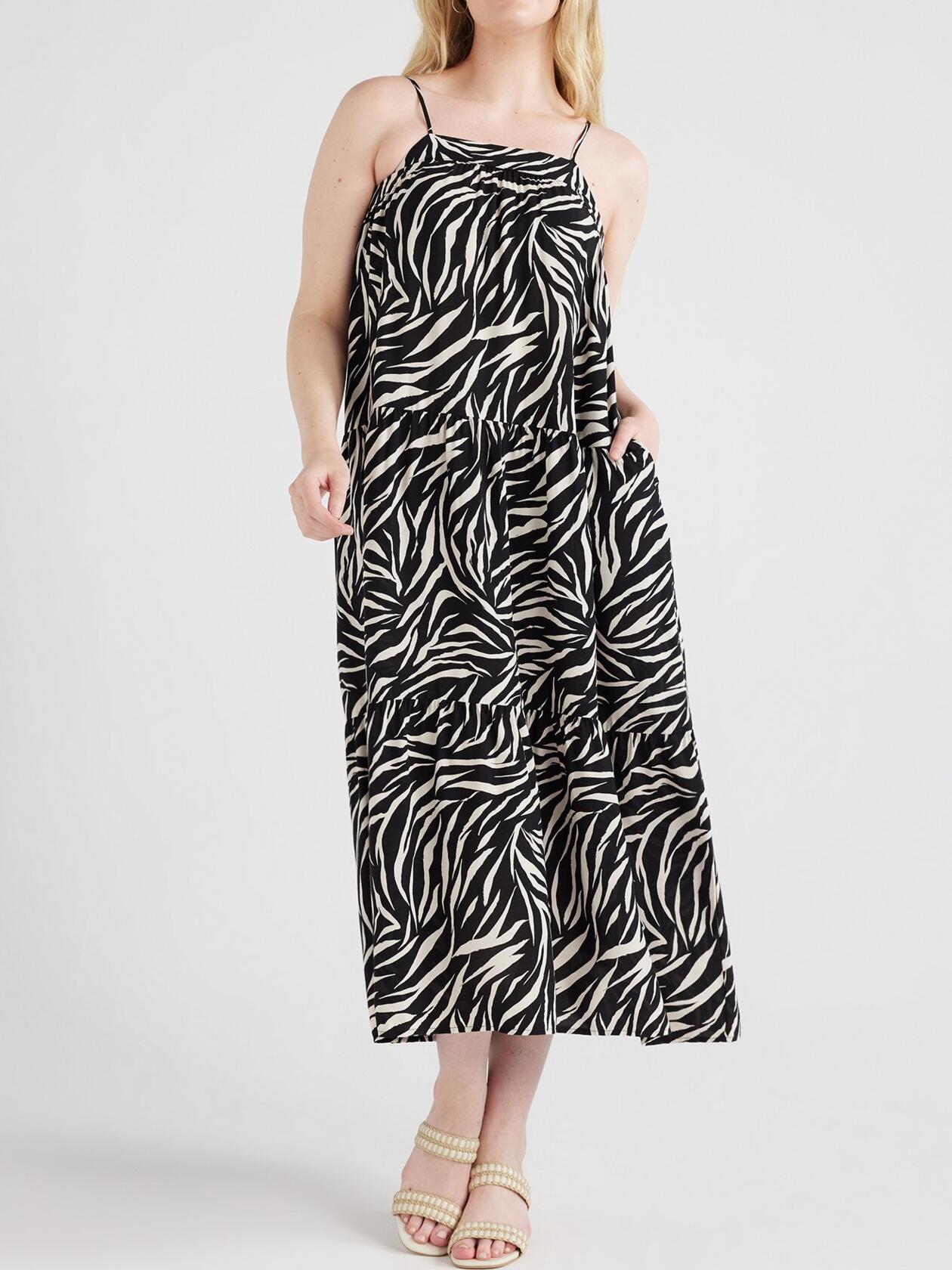 Time and Tru Womens Sleeveless Tiered Dress Black Zebra Size XS