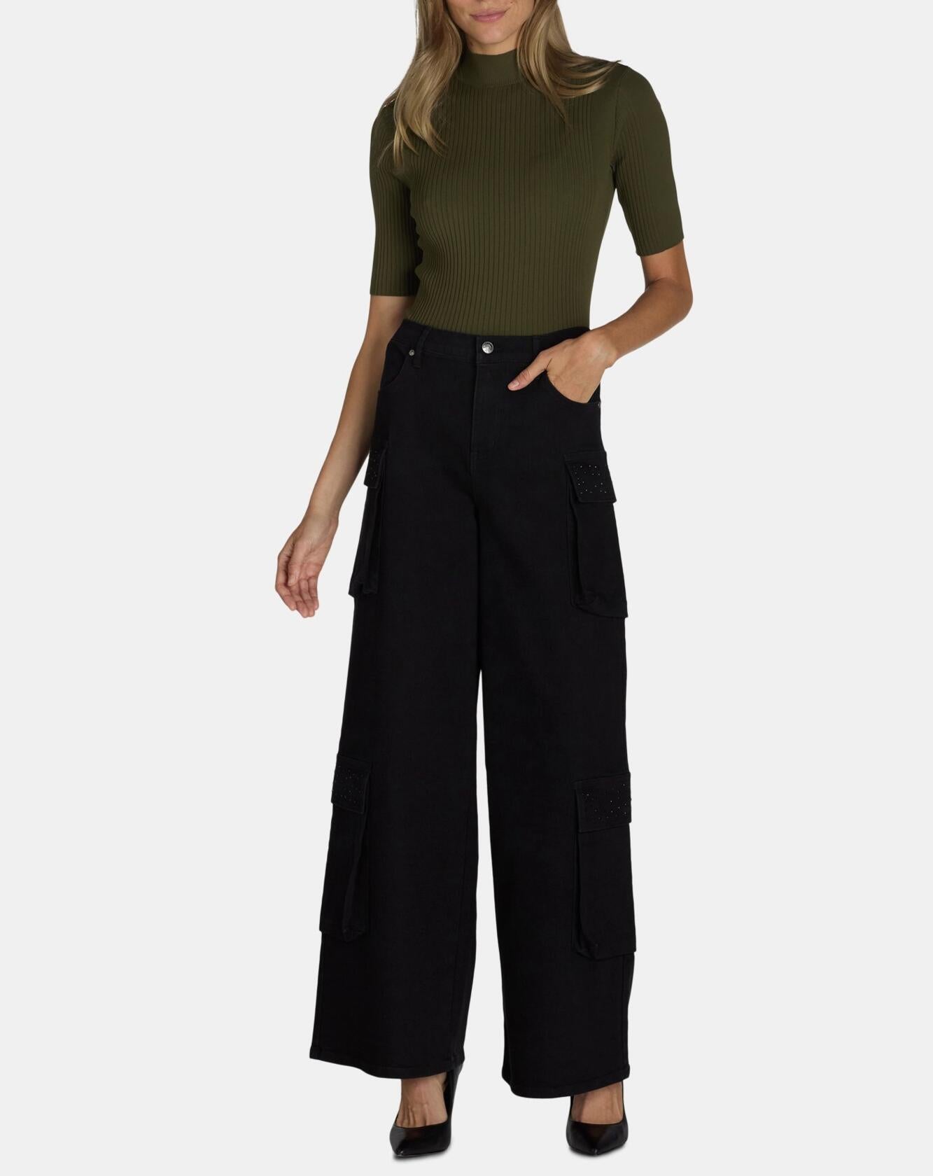 Madden NYC Womens Wide Leg Cargo Jeans with Rhinestone Accents Black Beauty Sz L