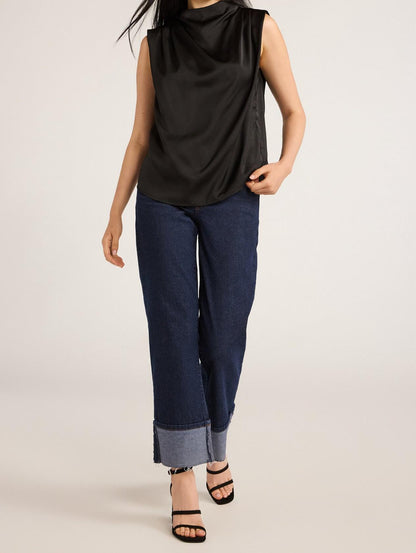 Scoop Womens Sleeveless Mock Neck Pleated Shoulder Blouse