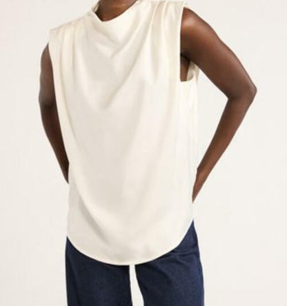 Scoop Womens Sleeveless Mock Neck Pleated Shoulder Blouse