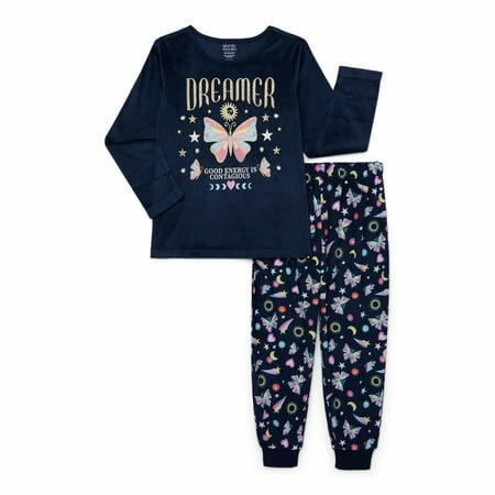Dream Big Peace Out Girls Velour Pajama Set  2 Piece Navy Size S (6-6X)