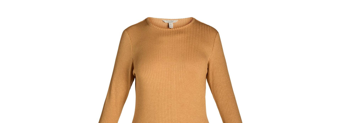 Nine.Eight Womens Ribbed Knit Midi Dress with Long Sleeves Camel Size S