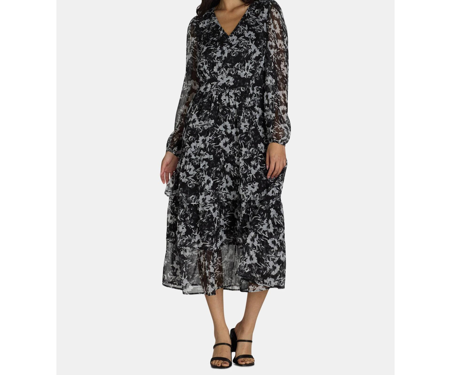 Time and Tru Womens Print Dress with Long Sleeves Black Soot Floral Size XS