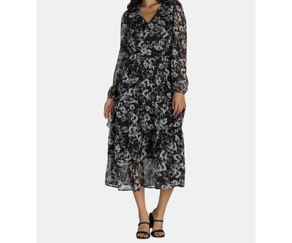 Time and Tru Womens Print Dress with Long Sleeves Black Soot Floral Size XS