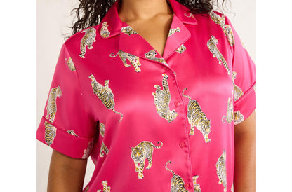 Joyspun Womens Stretch Satin Shortie Pajama Set 2-Pcs Fuchsia Burst/Tigers Sz L