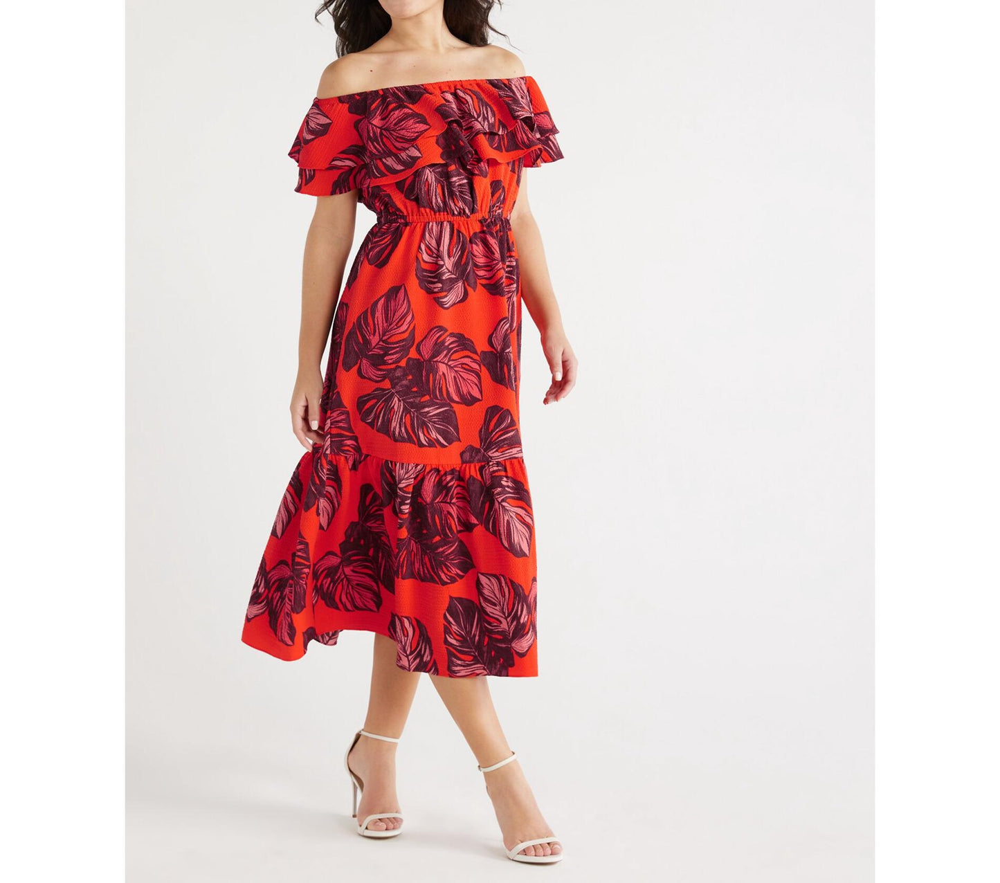 Sofia Vergara Womens Ruffle Off Shoulder Maxi Dress Paradise Palm Print Size L