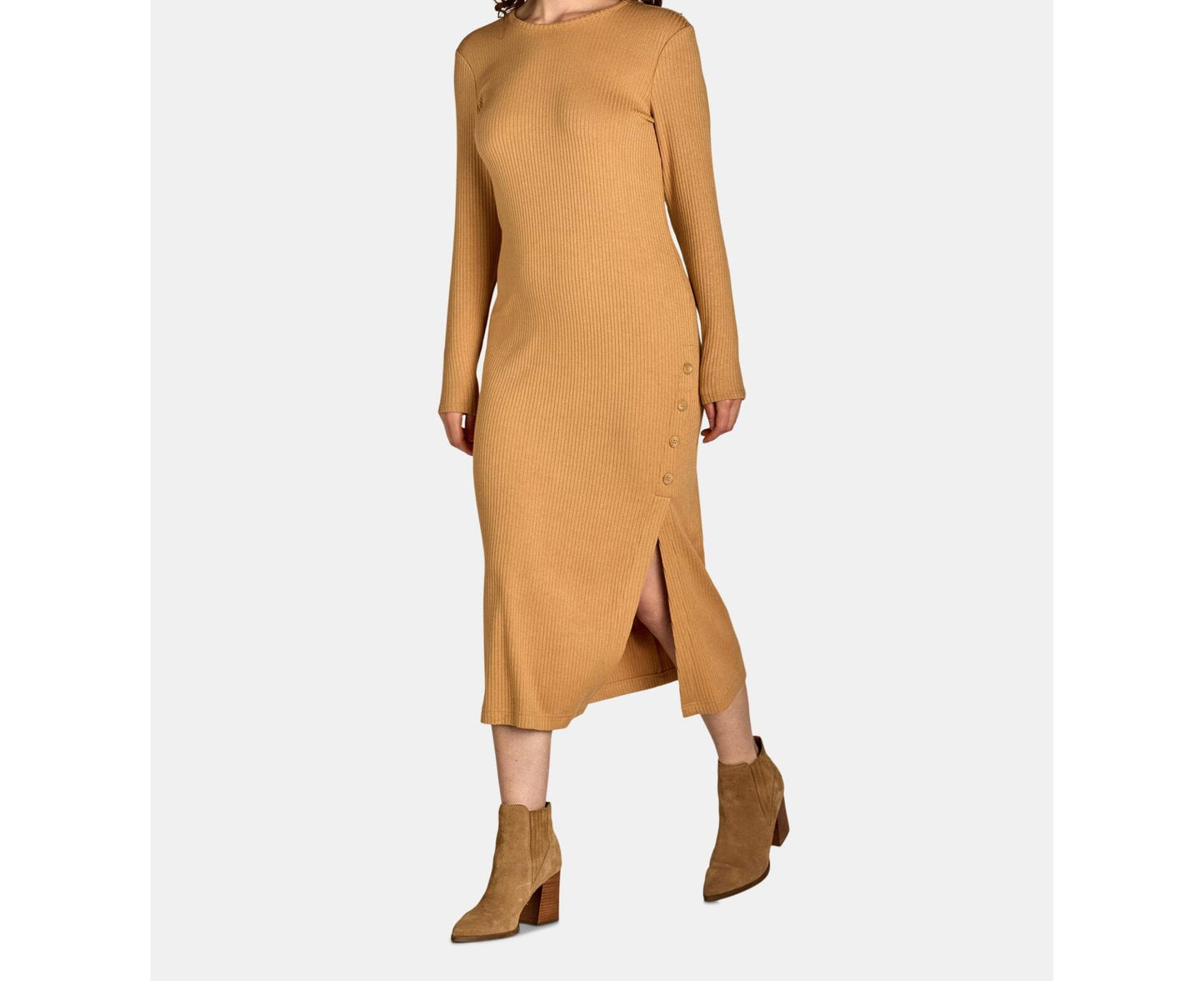 Nine.Eight Womens Ribbed Knit Midi Dress with Long Sleeves Camel Size S