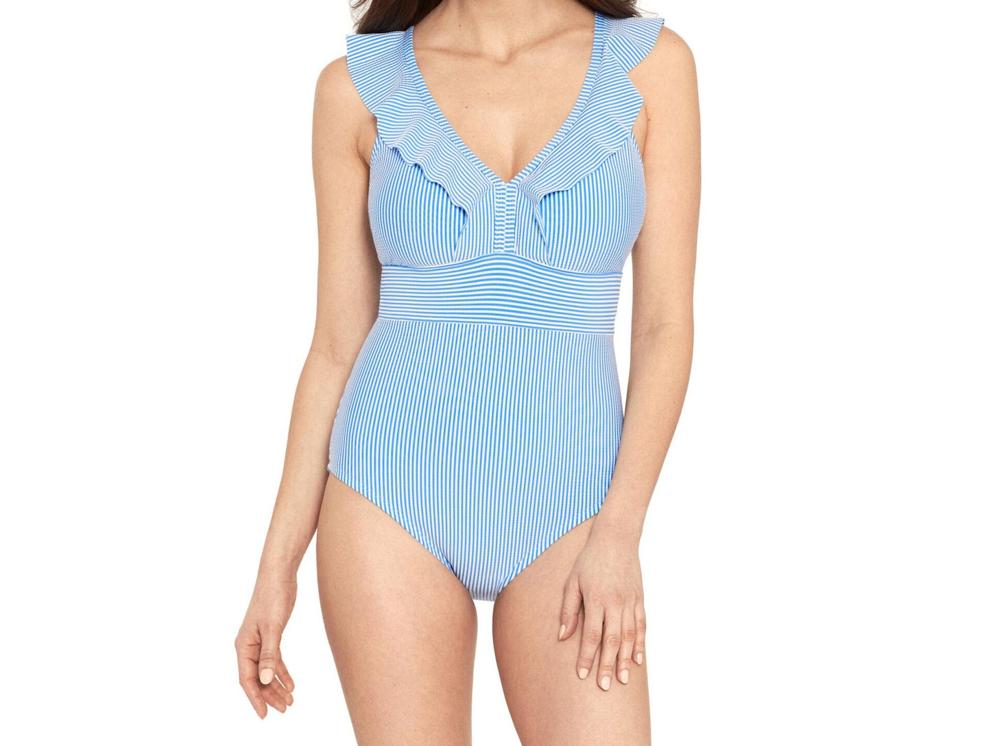 Time and Tru Womens Ruffle Seersucker One Piece Swimsuit Cabana Swim Size M