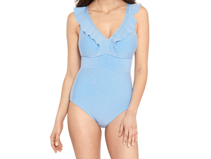 Time and Tru Womens Ruffle Seersucker One Piece Swimsuit Cabana Swim Size M