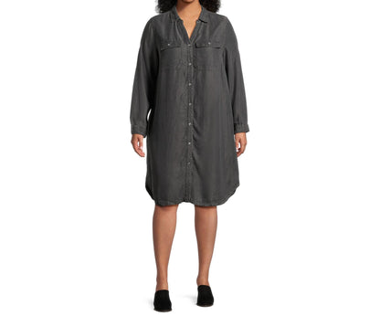 Terra & Sky Womens Plus Size Shirtdress Long Sleeves Black Denim Wash Size 2X