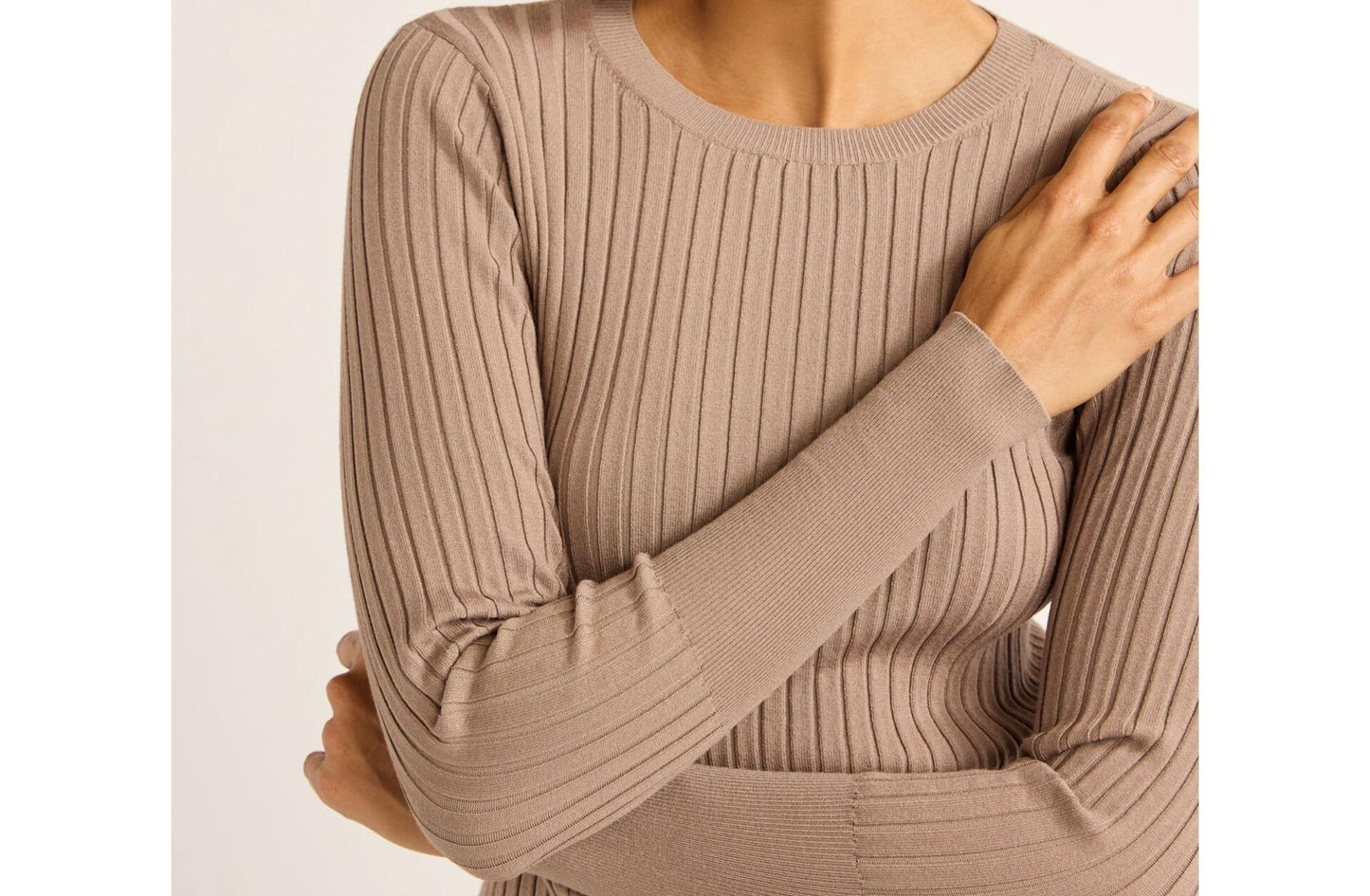 Scoop Womens Wide Ribbed Crewneck Sweater Lightweight  Mushroom Size M