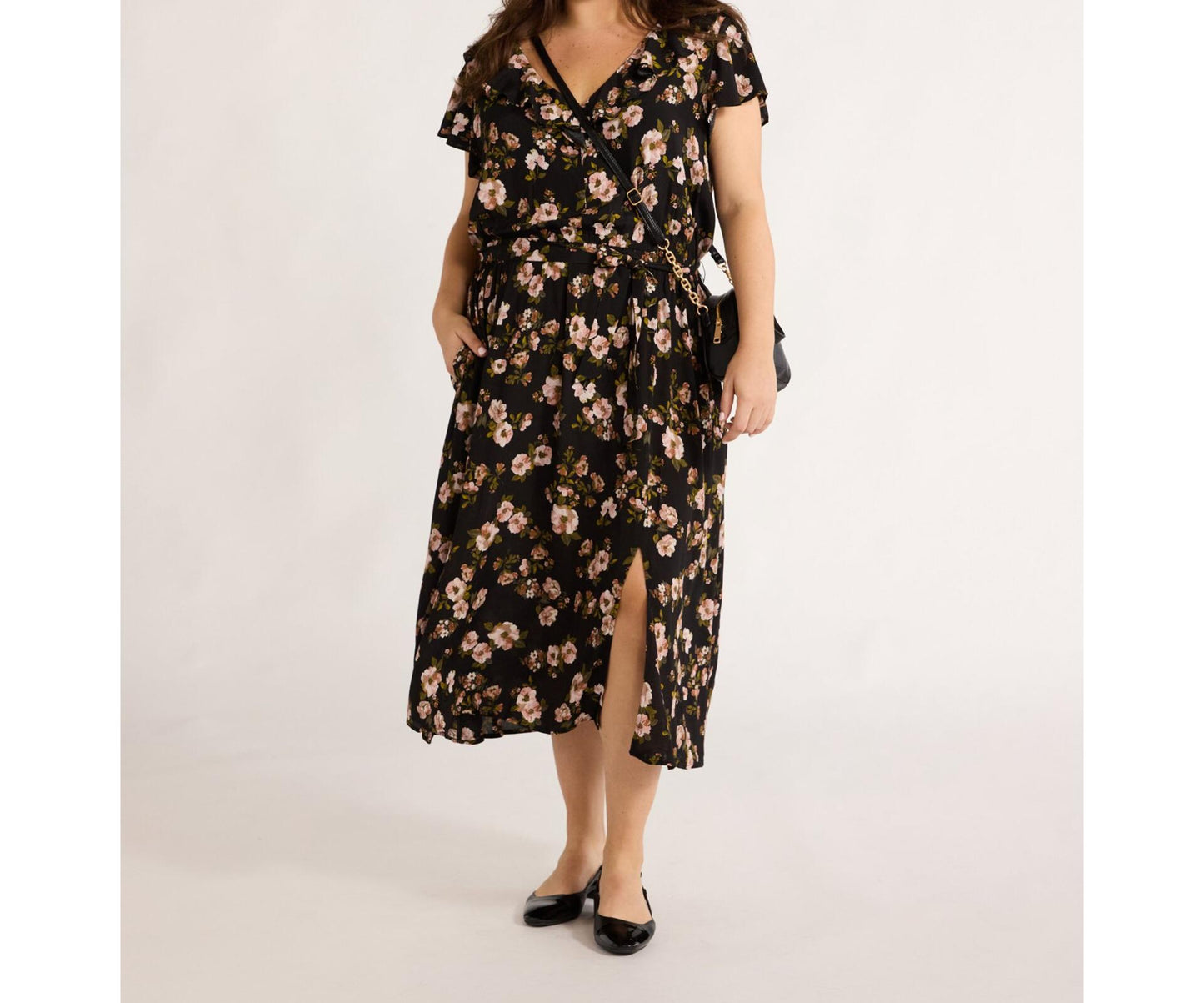 Time and Tru Womens Ruffle Neck Midi Dress Black Floral Size XL (16-18)