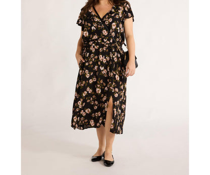 Time and Tru Womens Ruffle Neck Midi Dress Black Floral Size XL (16-18)