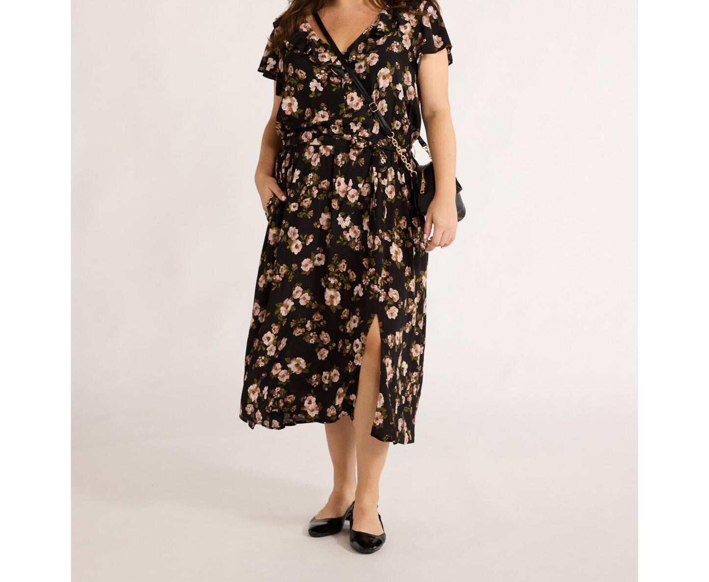 Time and Tru Womens Ruffle Neck Midi Dress Black Floral Size M (8-10)
