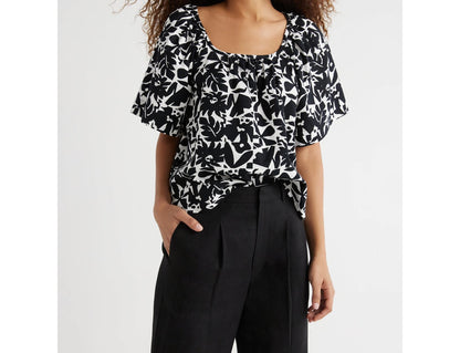 Free Assembly Womens Square Neck Top with Short Sleeves Black Soot Geo Size L