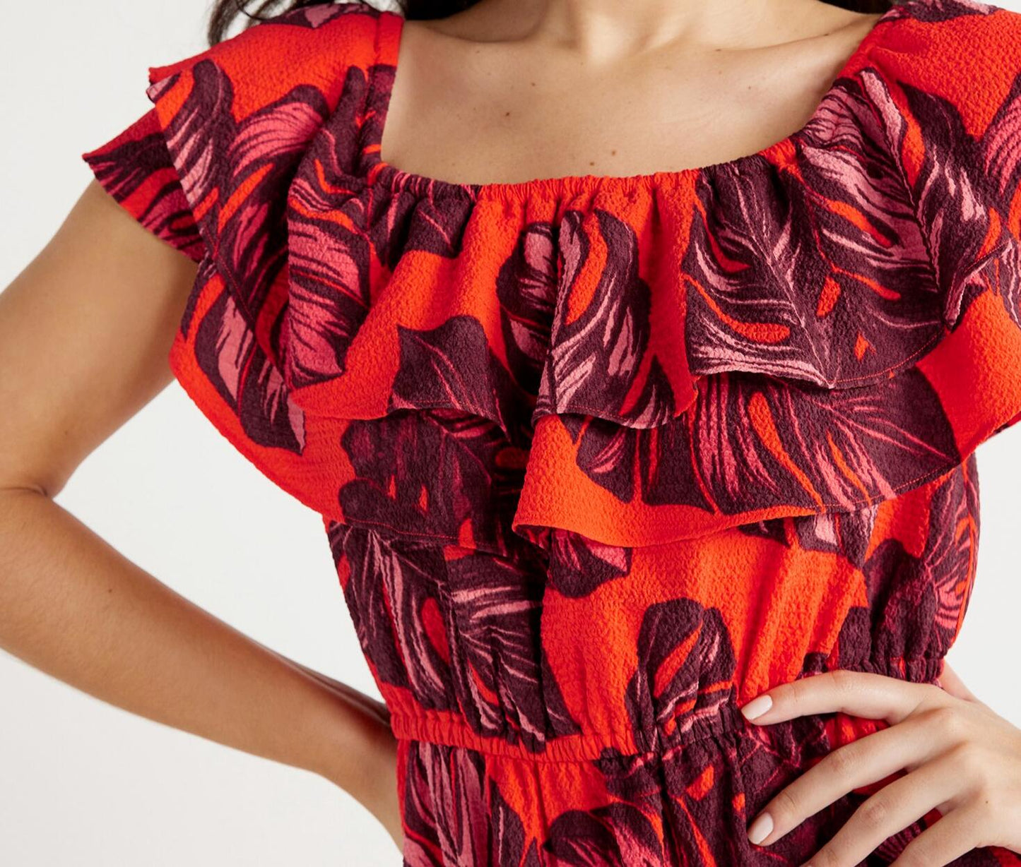 Sofia Vergara Womens Ruffle Off Shoulder Maxi Dress Paradise Palm Print Size L