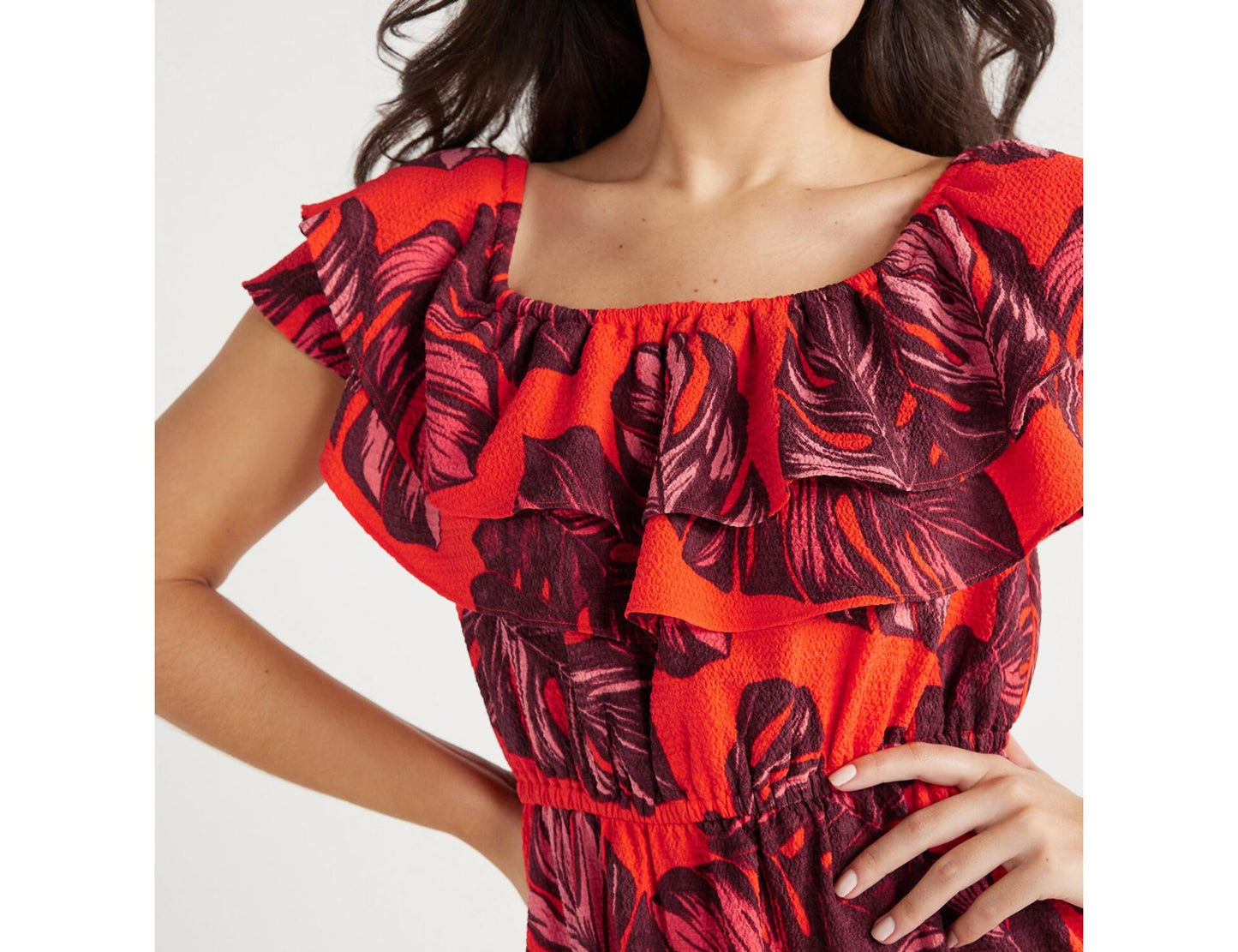 Sofia Vergara Womens Ruffle Off Shoulder Maxi Dress Paradise Palm Print Size L