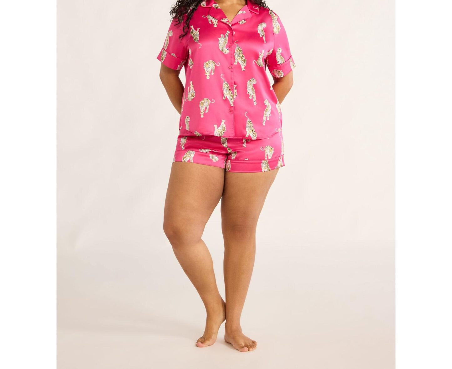 Joyspun Womens Stretch Satin Shortie Pajama Set 2-Pcs Fuchsia Burst/Tigers Sz L