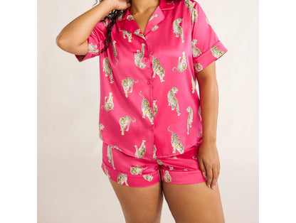 Joyspun Womens Stretch Satin Shortie Pajama Set 2-Pcs Fuchsia Burst/Tigers Sz L