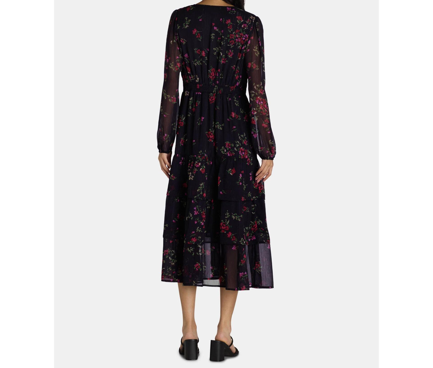 Time and Tru Womens Print Dress with Long Sleeves Black Soot Ditsy Size S