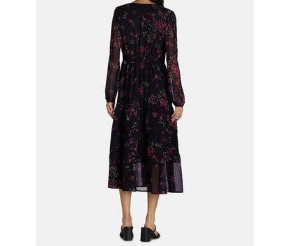 Time and Tru Womens Print Dress with Long Sleeves Black Soot Ditsy Size S