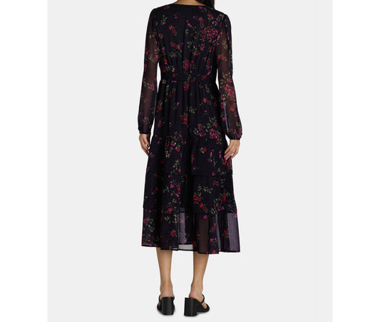 Time and Tru Womens Print Dress with Long Sleeves Black Soot Ditsy Size S