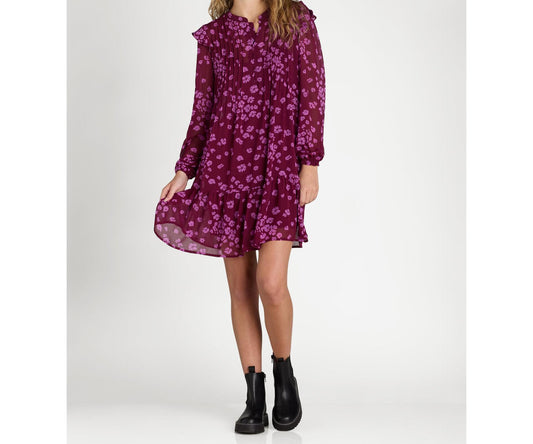 Time and Tru Womens Pintuck Mini Dress Long Sleeves Merlot Wine Daisy Size XS