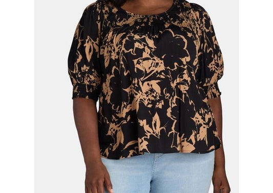 Terra & Sky Womens Plus Smocked Blouse Black Floral Size 1X