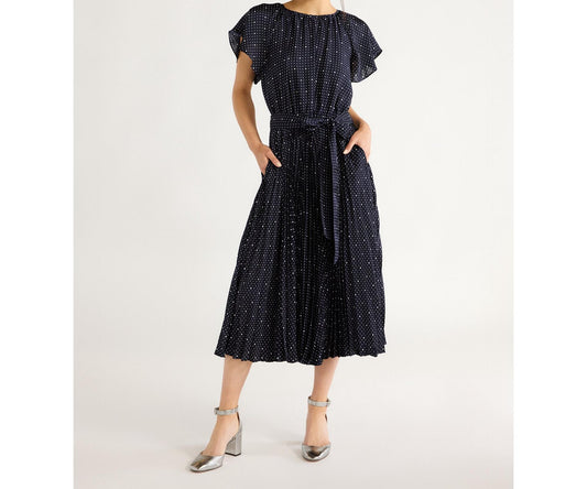 Free Assembly Womens Pleated Midi Dress Flutter Sleeves Darkest Navy Dot Size XS
