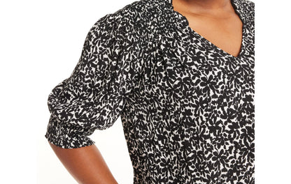 Terra & Sky Womens Plus Size Smocked V-Neck Blouse Floral/Black Size 3X(24W-26W)