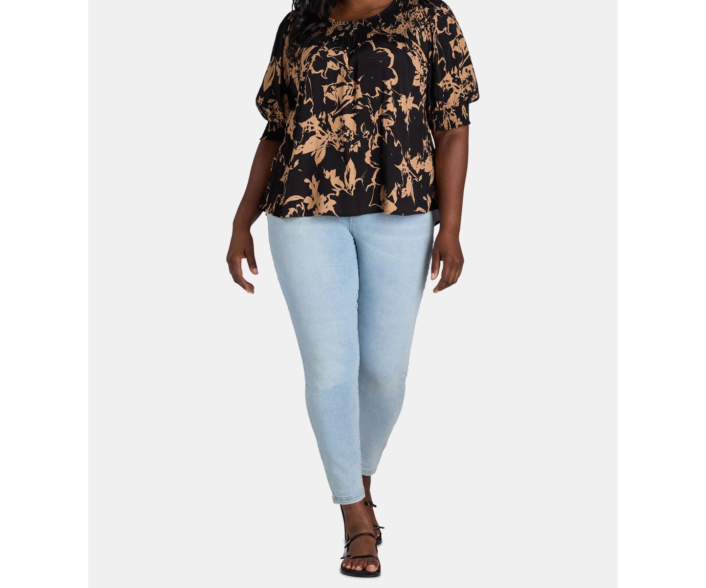 Terra & Sky Womens Plus Smocked Blouse Black Floral Size 1X