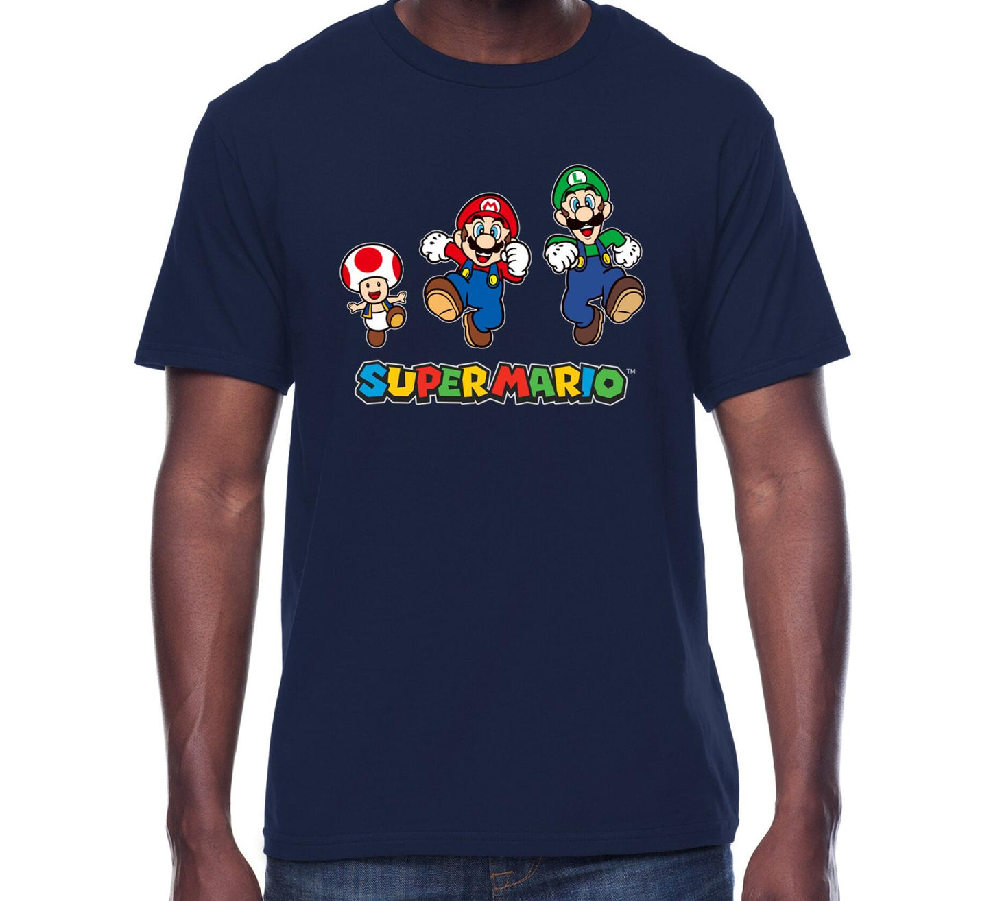 Super Mario Mens Graphic Crew Neck T-Shirt Run Group Navy Size S