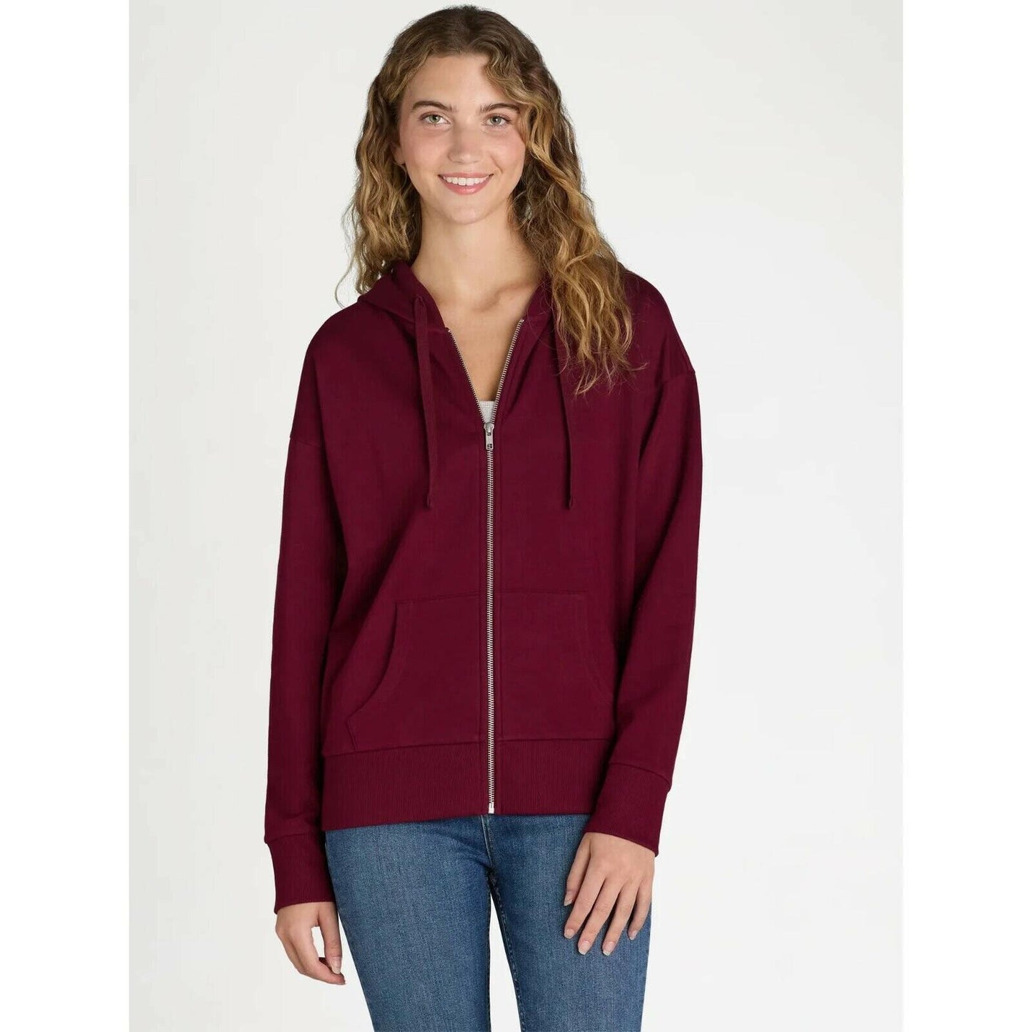 Time and Tru Womens Fleece Zip Hoodie Sweatshirt Relaxed Fit Merlot Wine Size S