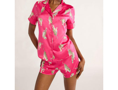 Joyspun Womens Stretch Satin Shortie Pajama Set 2-Pcs Fuchsia Burst/Tigers Sz L