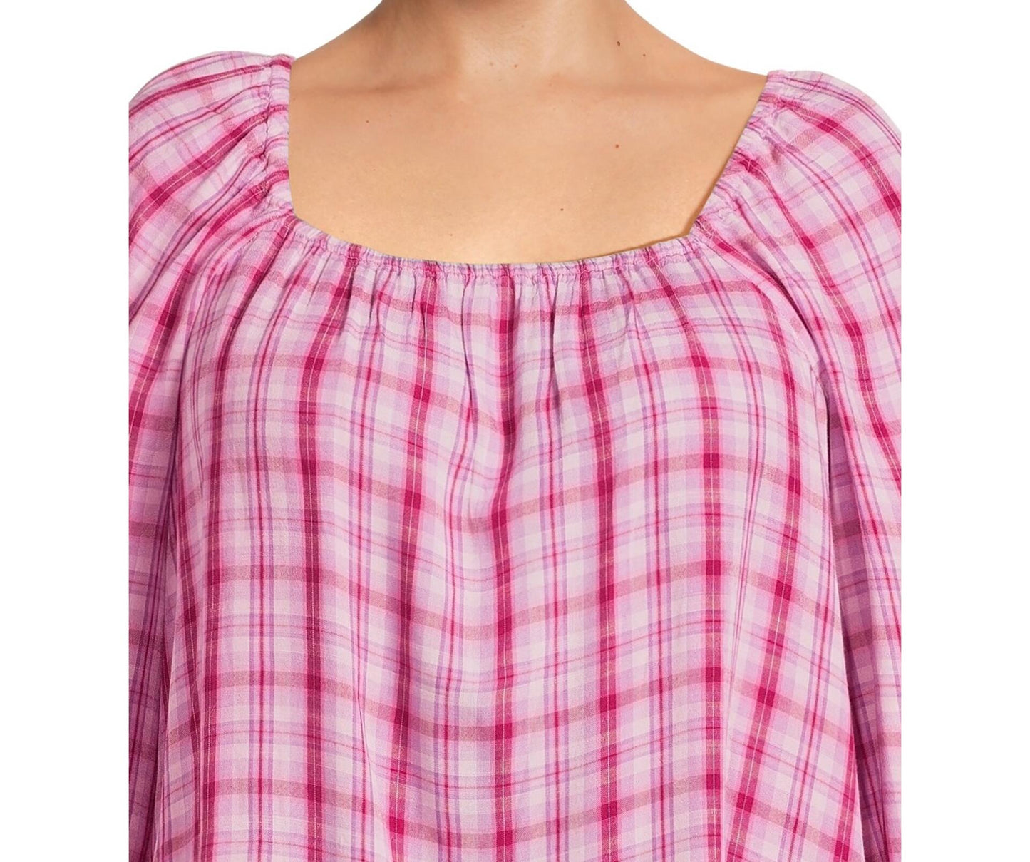 Terra & Sky Womens Square Neck Ruched Top Vibrant Plaid/Brilliant Red Size 2X