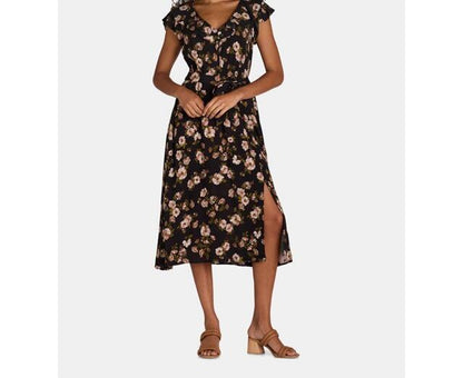 Time and Tru Womens Ruffle Neck Midi Dress Black Floral Size M (8-10)