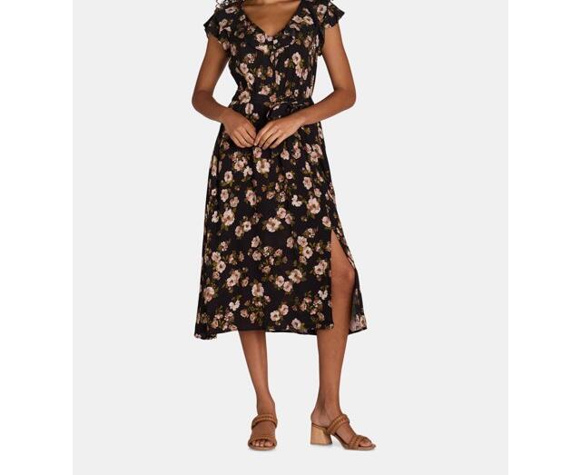 Time and Tru Womens Ruffle Neck Midi Dress Black Floral Size M (8-10)