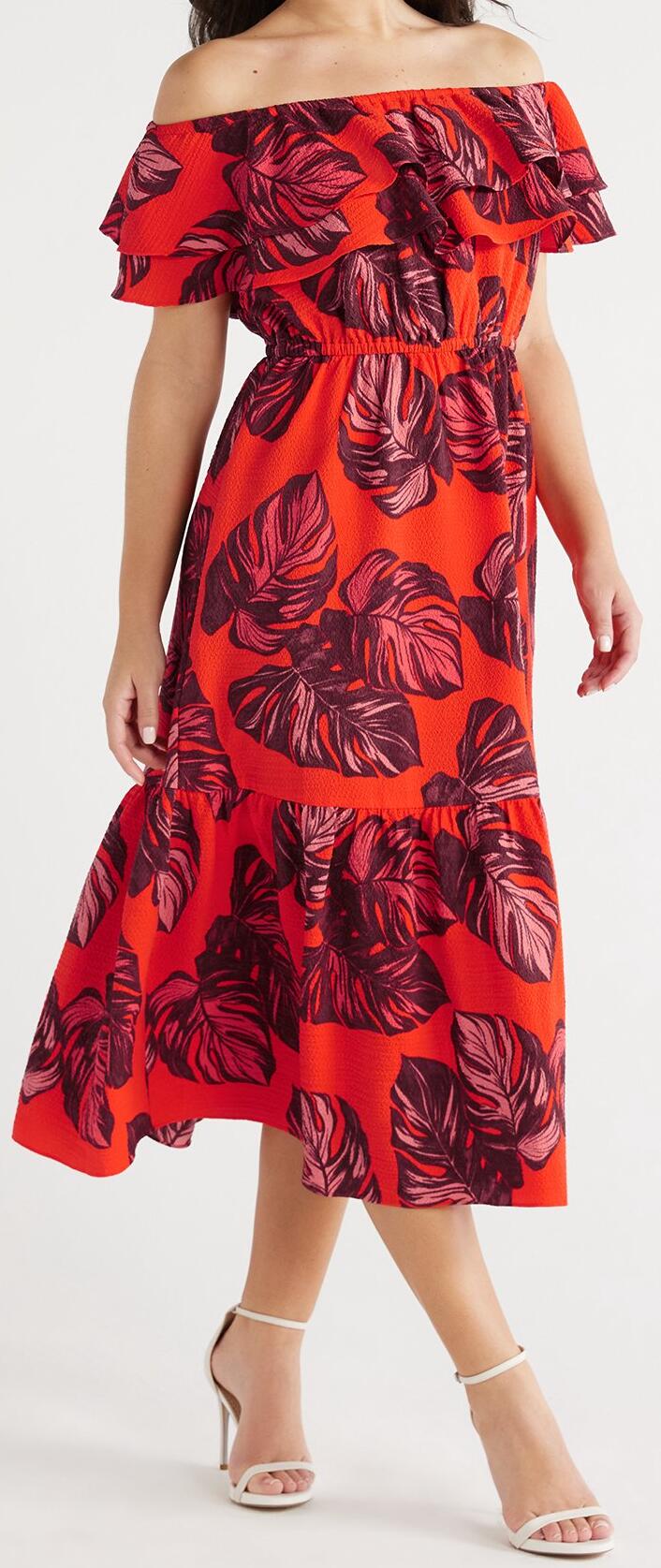 Sofia Vergara Womens Ruffle Off Shoulder Maxi Dress Paradise Palm Print Size L