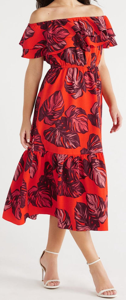 Sofia Vergara Womens Ruffle Off Shoulder Maxi Dress Paradise Palm Print Size L