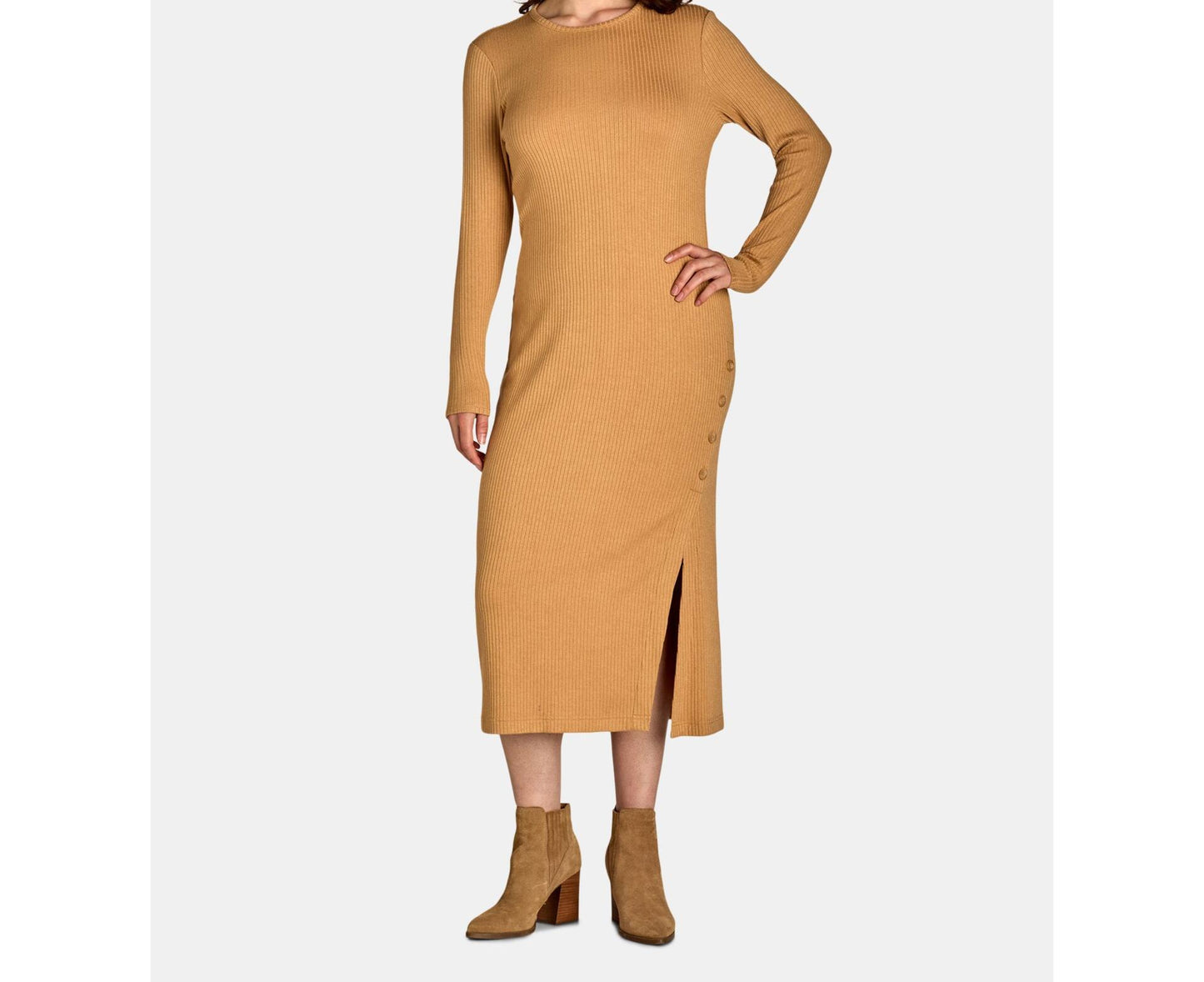 Nine.Eight Womens Ribbed Knit Midi Dress with Long Sleeves Camel Size S
