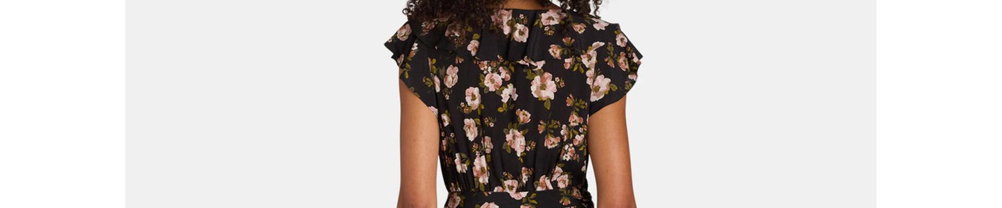 Time and Tru Womens Ruffle Neck Midi Dress Black Floral Size M (8-10)