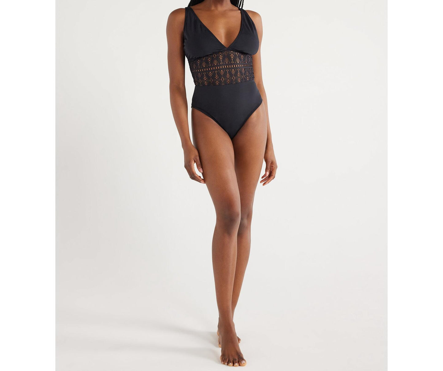 Time and Tru Womens Crochet Plunge One Piece Swimsuit Black Size M