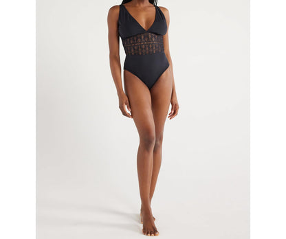 Time and Tru Womens Crochet Plunge One Piece Swimsuit Black Size M