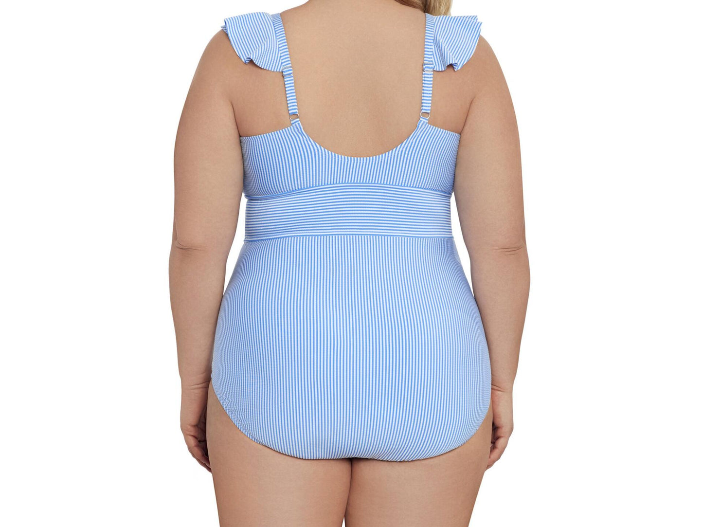 Time and Tru Womens Ruffle Seersucker One Piece Swimsuit Cabana Swim Size M